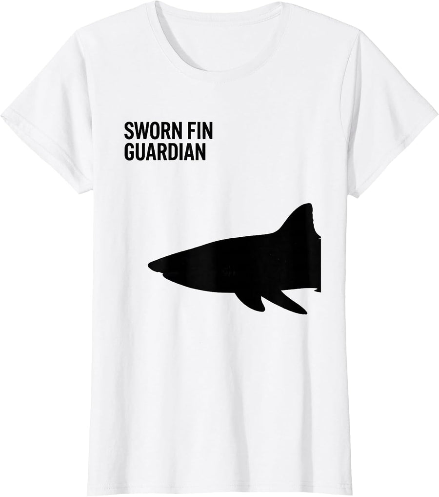 Women's Sworn Fin Guardian Funny Shark Lover Ocean Wildlife Novelty T-Shirt - White