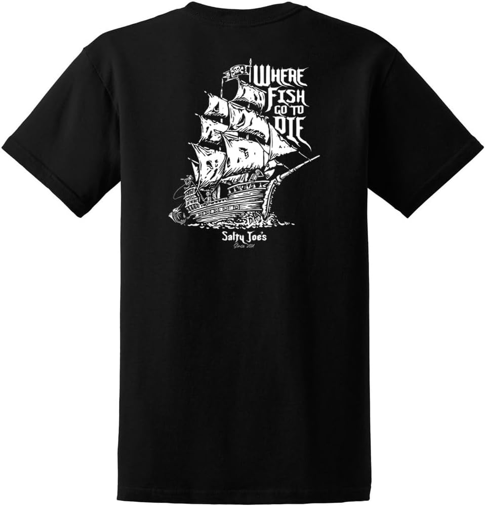 SALTY JOES Men's Fishing & Boating Graphic Logo Cotton T-Shirts in Regular, Big and Tall - Black \/ Skeleton Ship