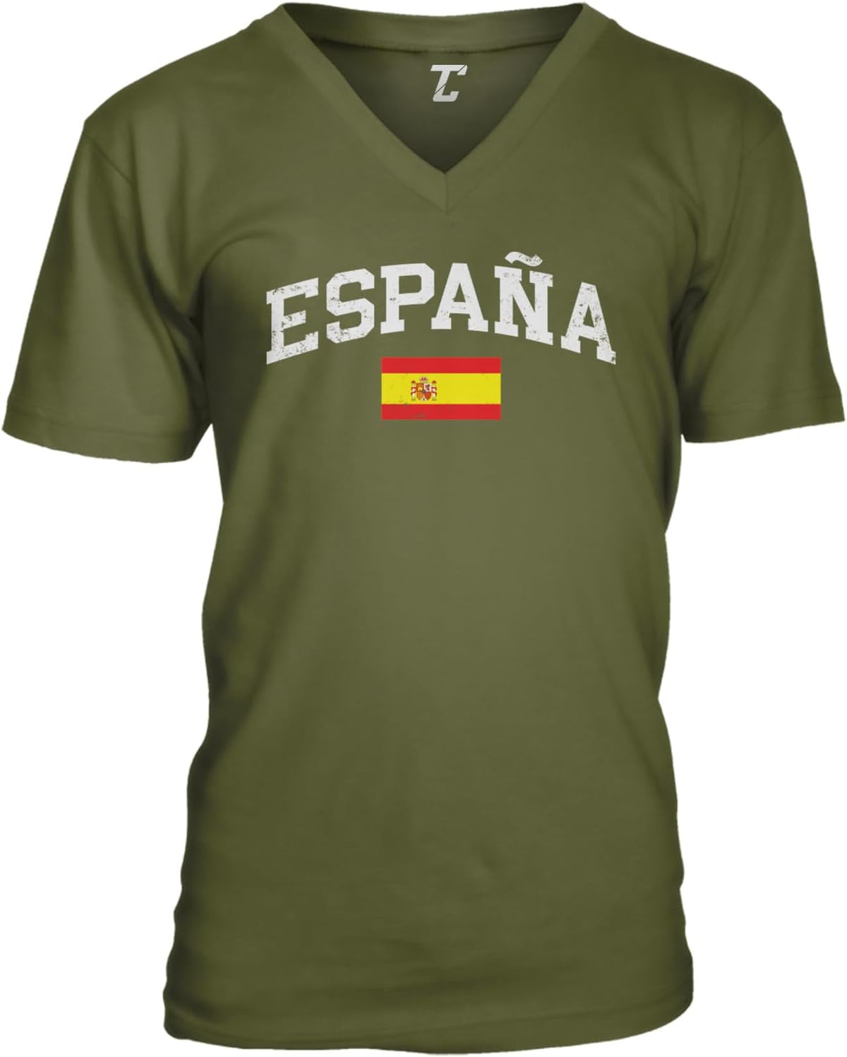 Tcombo España Distressed Spanish Word with Spain Flag Unisex V-Neck T-Shirt - Olive