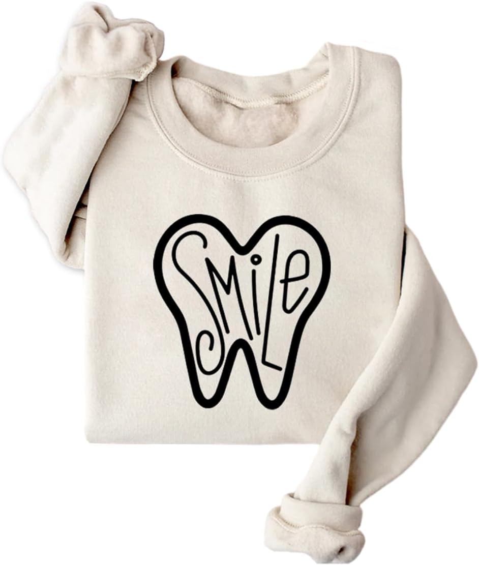 Dental Sweatshirts for Women Dental Assistant Fleece Lined Sweatshirt Dental Hygienist Long Sleeve Pullover Tops - Beige