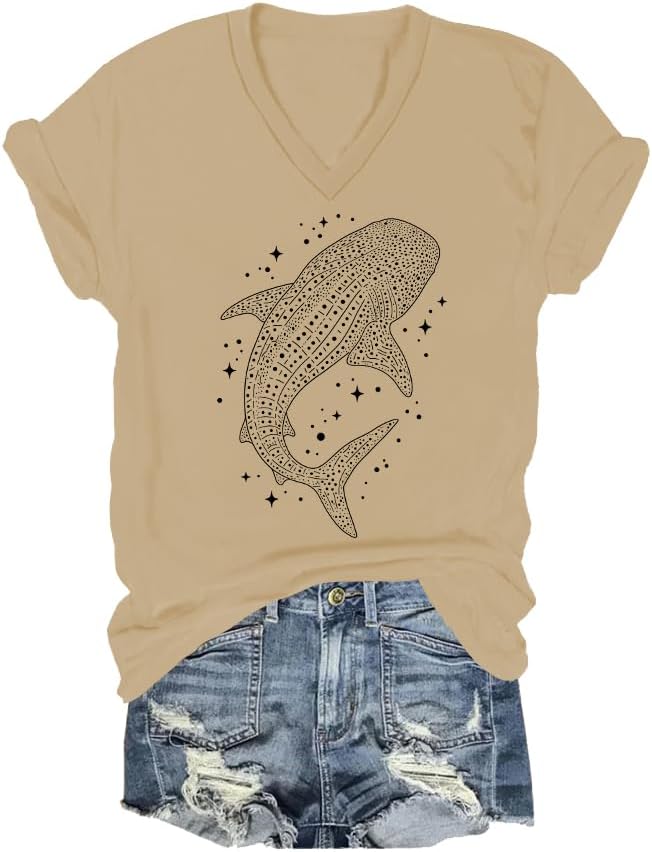 Whale Shark Starry Night Ocean Shirt Whale Shark Shirts for Women Man Deep Water Ocean Graphic V Neck Tshirt - V-Neck 1-khaki