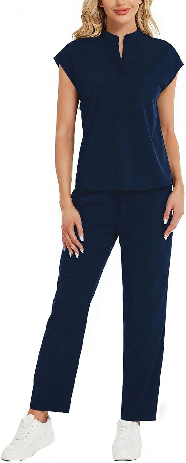 Scrubs for Women Set - Stand-Up V-Neck Scrub Top & Straight-Leg Pants with 5 Pockets,Women's Scrub Set - Navy Blue