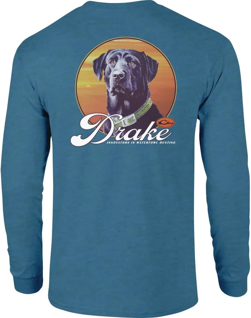 Drake Waterfowl Men’s Vintage Black Lab Long Sleeve T-Shirt – Cotton Blend Graphic Hunting Shirt with Pocket - As Pictured