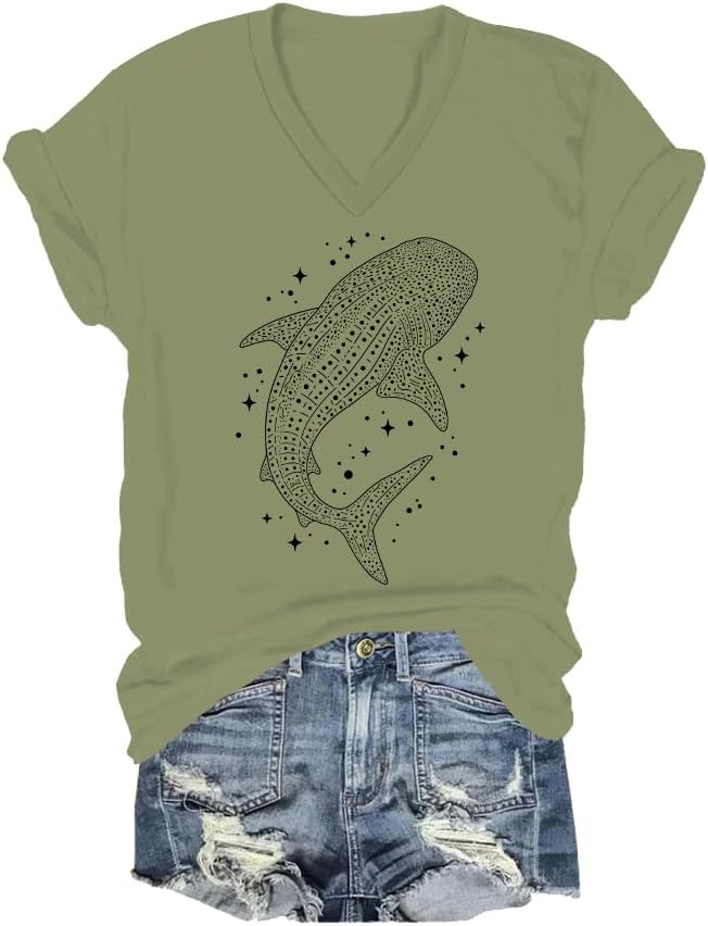 Whale Shark Starry Night Ocean Shirt Whale Shark Shirts for Women Man Deep Water Ocean Graphic V Neck Tshirt - V-Neck