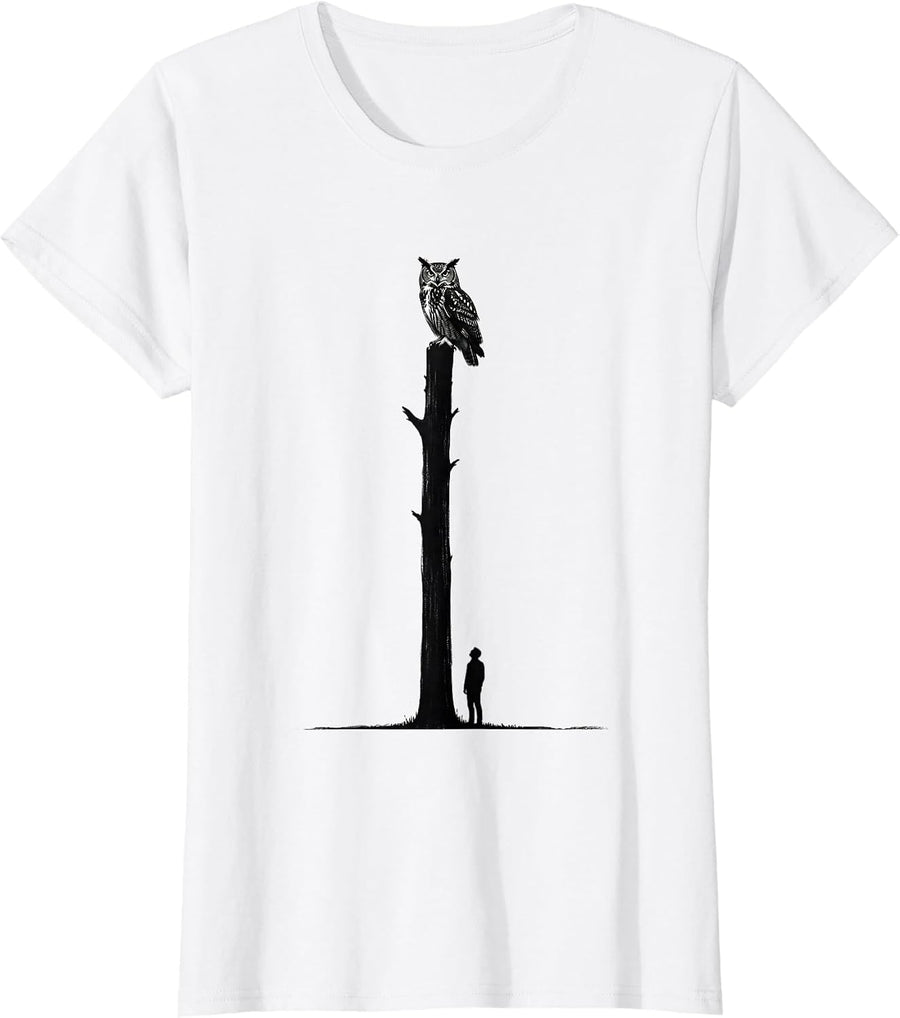 Women's Tree And Owl Minimalist Forest Lover Nature Humor T-Shirt - White