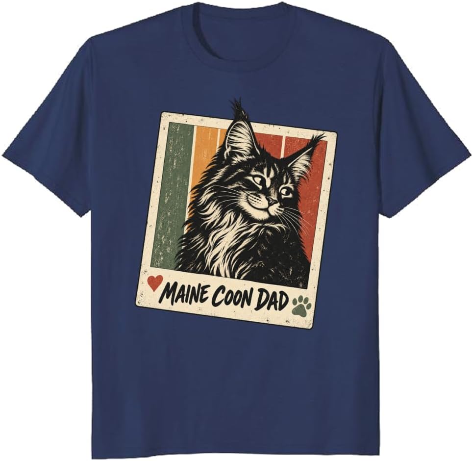 Maine Coon Dad T-Shirt Retro Crown Cat Portrait Graphic Tee - S3