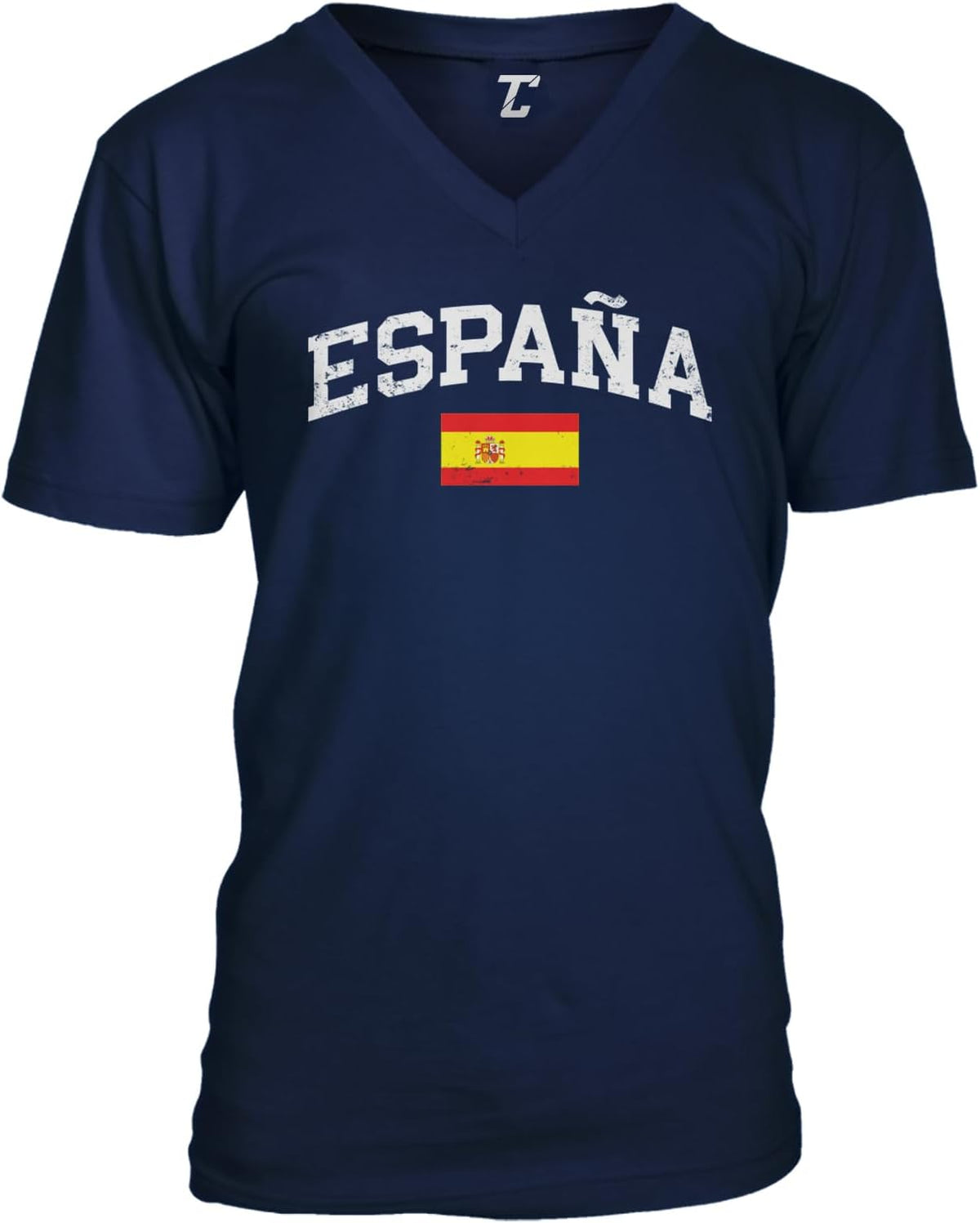 Tcombo España Distressed Spanish Word with Spain Flag Unisex V-Neck T-Shirt - Navy