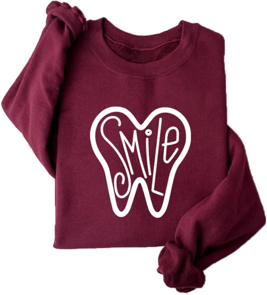 Dental Sweatshirts for Women Dental Assistant Fleece Lined Sweatshirt Dental Hygienist Long Sleeve Pullover Tops - Wine Red