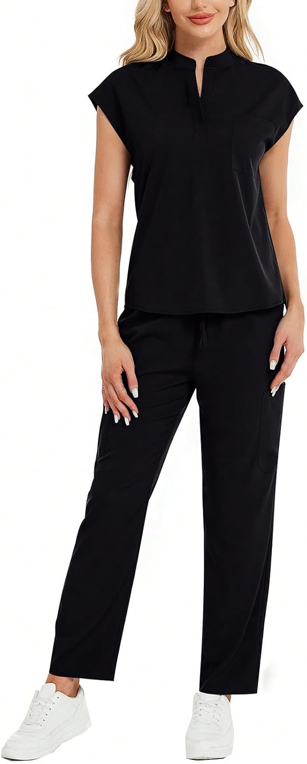 Scrubs for Women Set - Stand-Up V-Neck Scrub Top & Straight-Leg Pants with 5 Pockets,Women's Scrub Set - Black