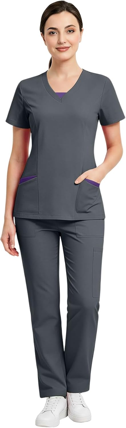 Scrubs for Women 2 Piece Set - V-Neck Quick-Dry Stretch Nurse Uniform Short Sleeve Top & Jogger Pants - Gray