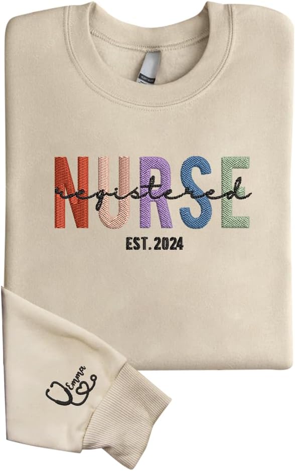 GodLover Personalized Embroidered Sweatshirt With Name On Sleeve, Nurse Gift For Women, RN LPN CNA Gift - Ds2