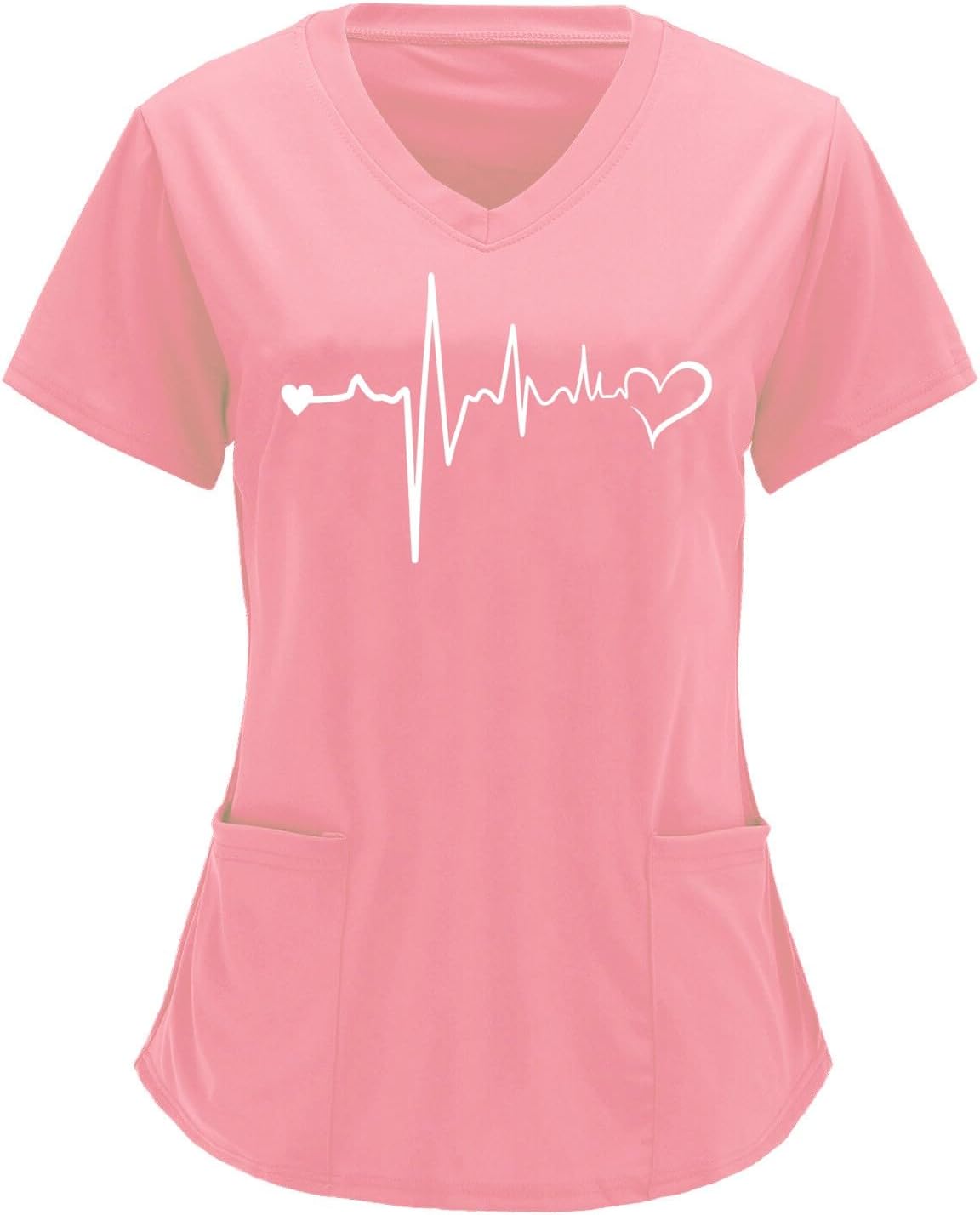 Scrub Tops for Women Short Sleeve Working Uniform with Pocket Summer ECG Heart Graphic Print V Neck Stretchy Holi T Shirts -