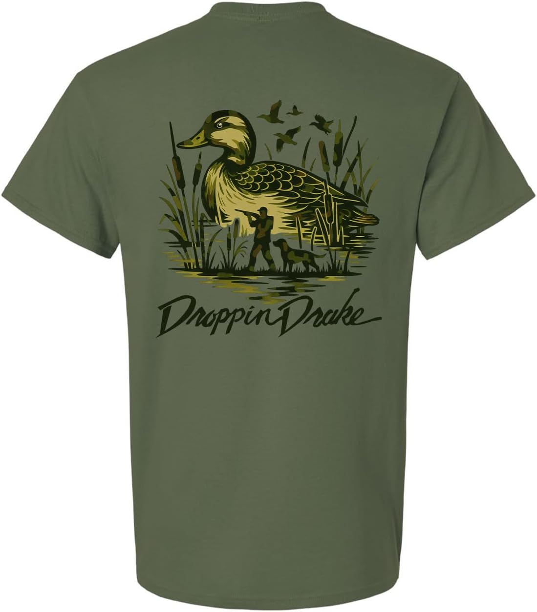 Southern Apparel Men's Duck Hunting T-Shirt - Camouflage Labrador Retriever with Hunter and Duck Graphic Tee - Military
