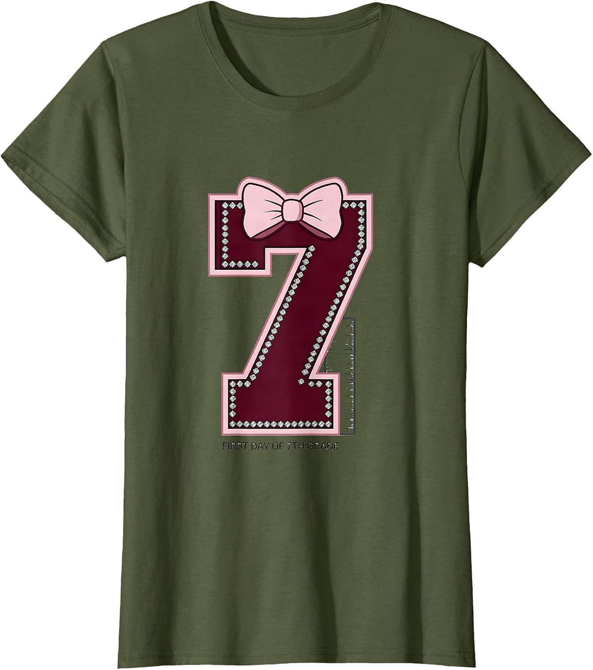 Women's First Day Of 7th Grade Sparkle Varsity Coquette Bow Back T-Shirt - Olive Green