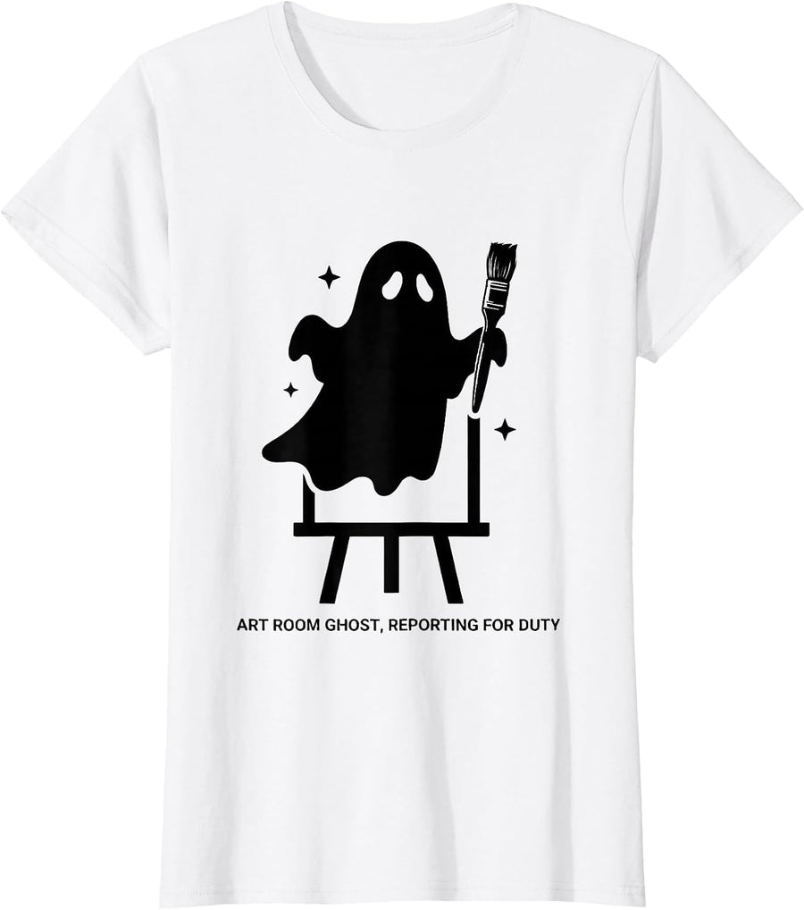 Women's Art Room Ghost Reporting For Duty Funny Teacher Halloween T-Shirt - White