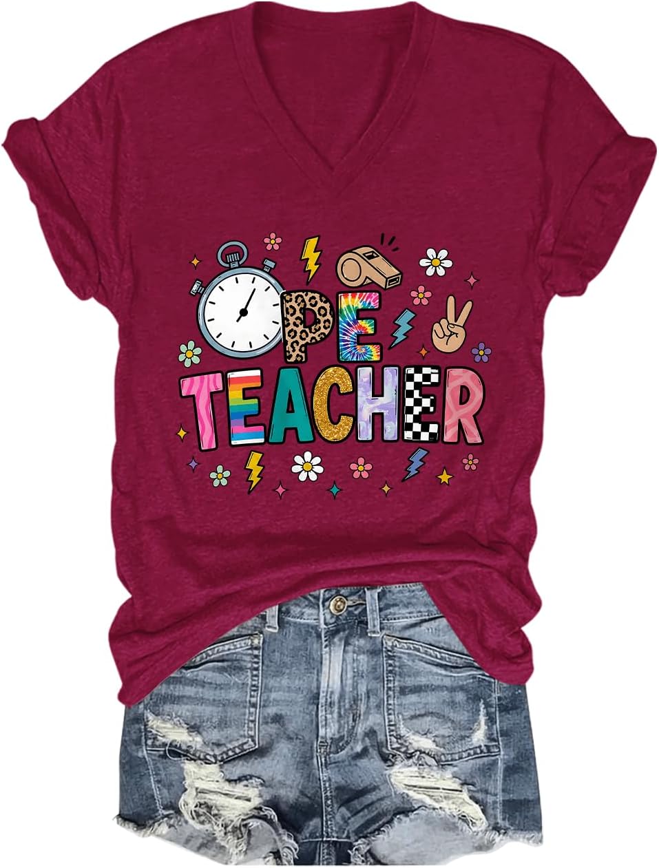 PE Teacher Shirt Funny Physical Education Teacher T-Shirt - V-Neck Claret-1