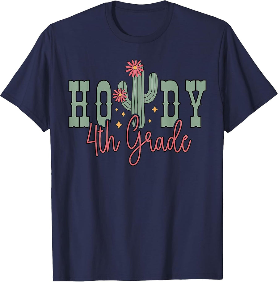 Cactus Howdy 4th Grade Teacher Student Rodeo Country Western T-Shirt - Navy Blue