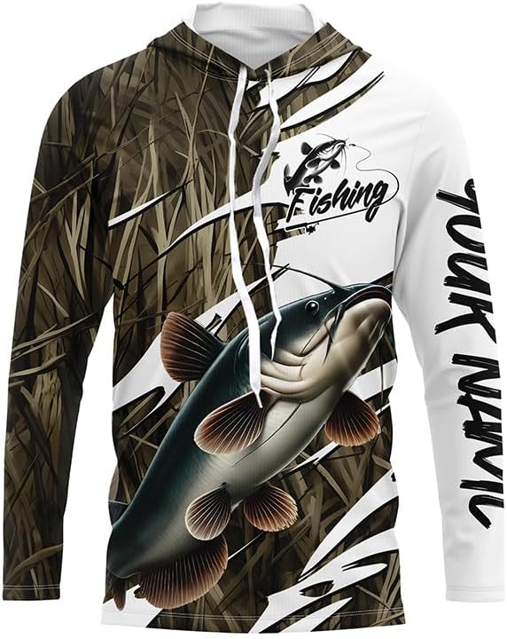 Catfish Fishing Custom Camo Long Sleeve Fishing Shirts, Catfish Fishing Tournament Apparel - Long Sleeves Hooded Upf