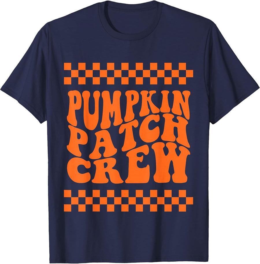 Pumpkin Patch Crew Matching Family Retro Halloween Groovy T-Shirt - Navy Blue