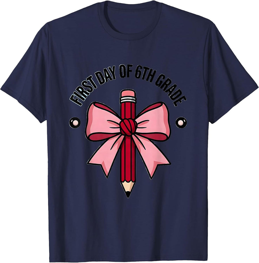 First Day Of 6th Grade Coquette Bow Pencil Back To School T-Shirt - Navy Blue