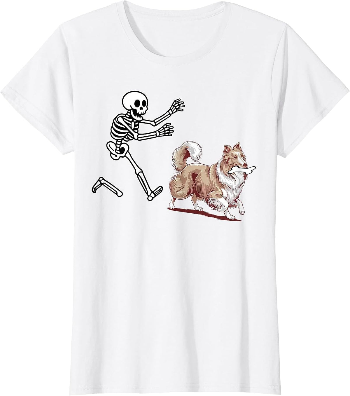 Funny Sheltie Running Skeleton Halloween T-Shirt - White