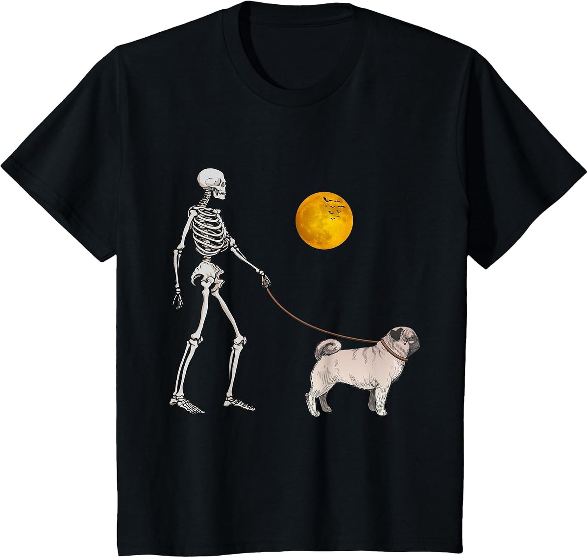 Pug Skeleton Dog Walking Halloween Costume T-Shirt - Black