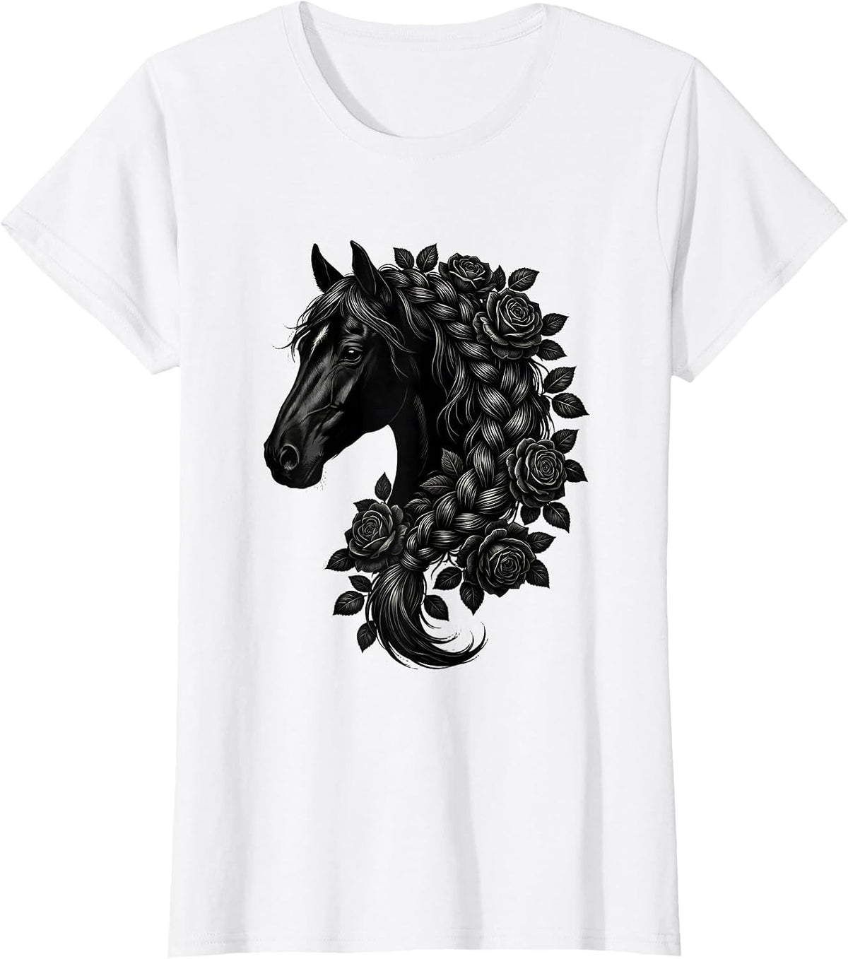 Women's Horse Mane Braided With Wild Roses Graphic T-Shirt - White