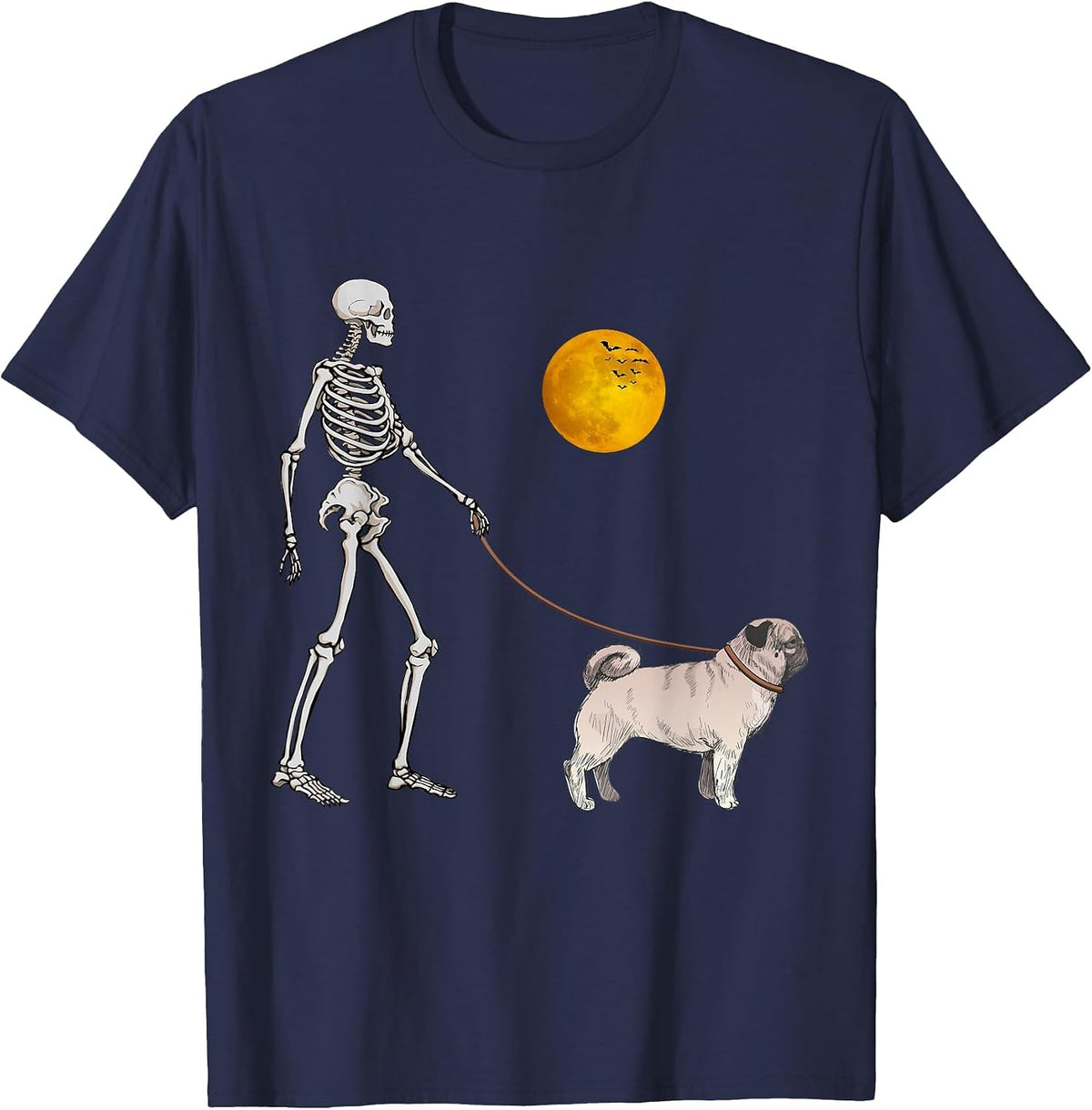 Pug Skeleton Dog Walking Halloween Costume T-Shirt - Navy Blue