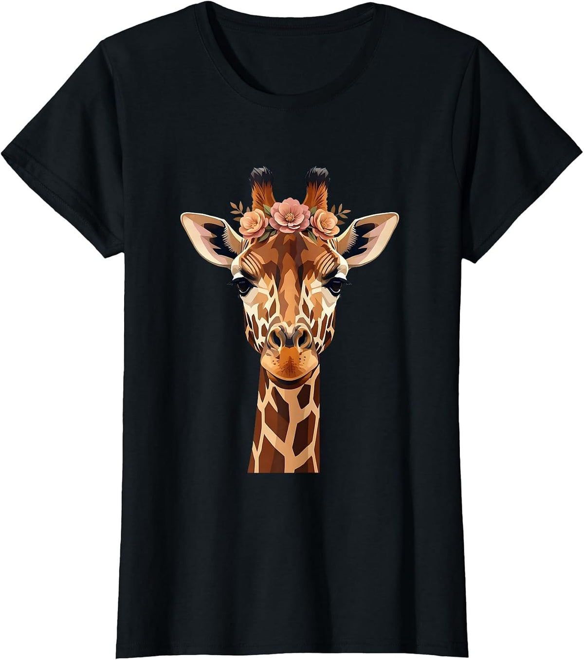 Giraffe With Floral Crown Illustration T-Shirt - Black