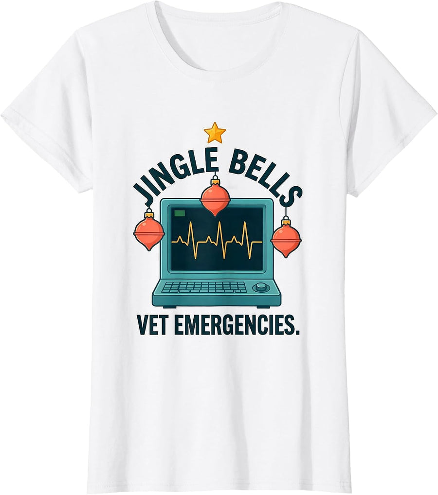 Women's Jingle Bells Vet Emergencies Funny Veterinary Tech Christmas T-Shirt - White