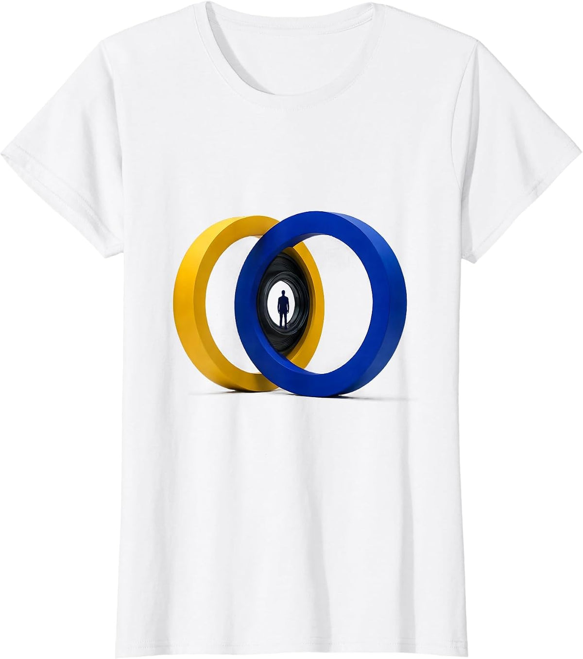 Women's Yellow and Blue Open Rings Down Syndrome Awareness Support T-Shirt - White