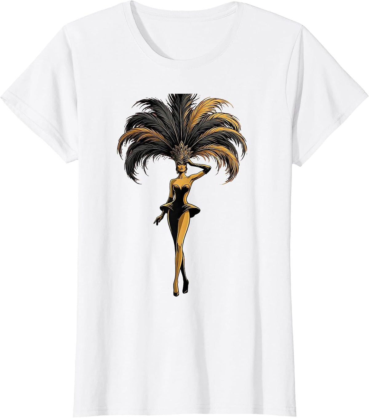 Women's Showgirl Feathered Headdress Illustration T-Shirt - White