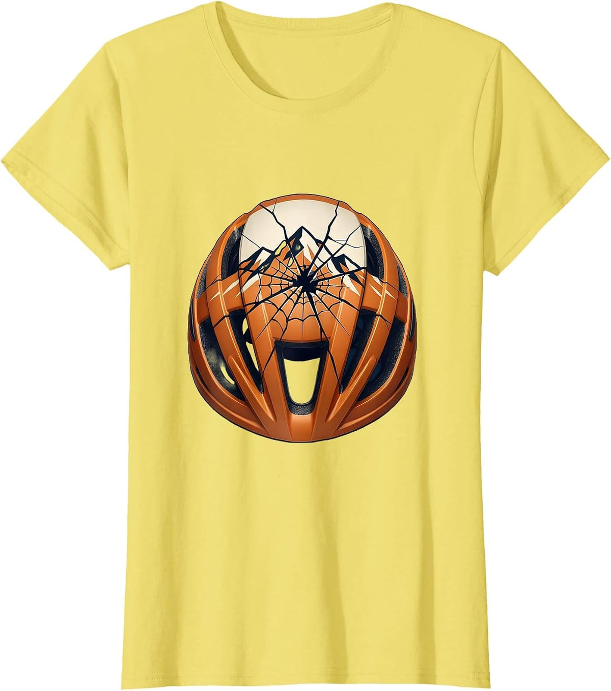 MTB Broken Helmet Spider Web Crack Design T-Shirt - Lemon Yellow