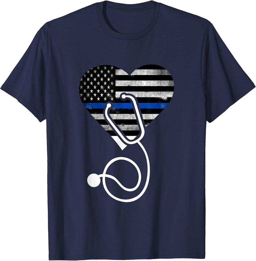 American Flag Heart with Police Thin Blue Line Nurse RN LVN T-Shirt - Navy Blue