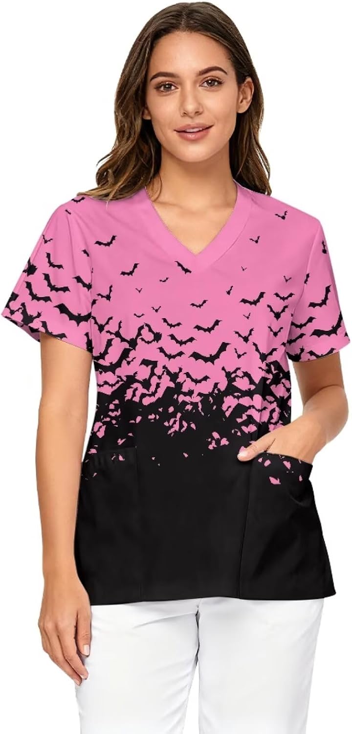 PinUp Angel Unique Graphic Scrub Tops Women's V-Neck Short Sleeve Workwear for Nursing and Clinical Tasks - Pink Black Bat