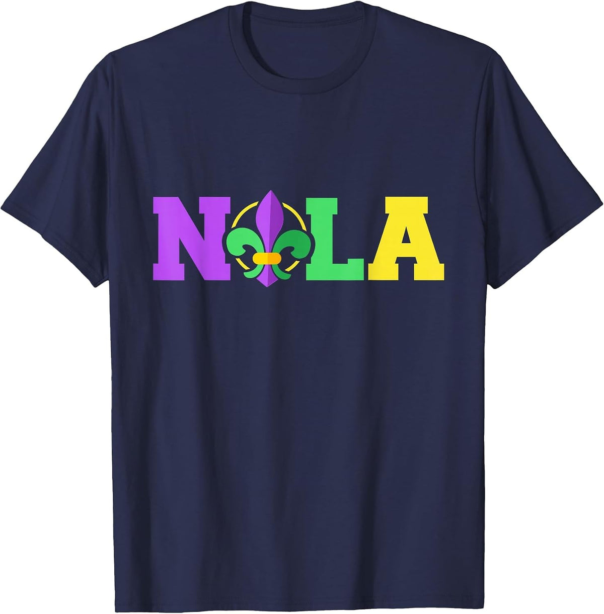 New Orleans Nola in Mardi Gras Colors and Fleur de lis T-Shirt - Navy Blue