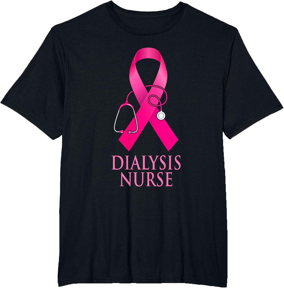 Dialysis Nurse Stethoscope Heart Pink Ribbon Breast Cancer T-Shirt - Black