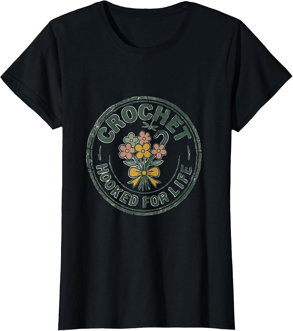 Crochet Hooked For Life Floral Boho Design T-Shirt - Black