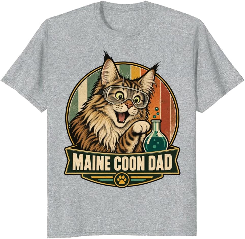 Maine Coon Dad T-Shirt Retro Crown Cat Portrait Graphic Tee - S7