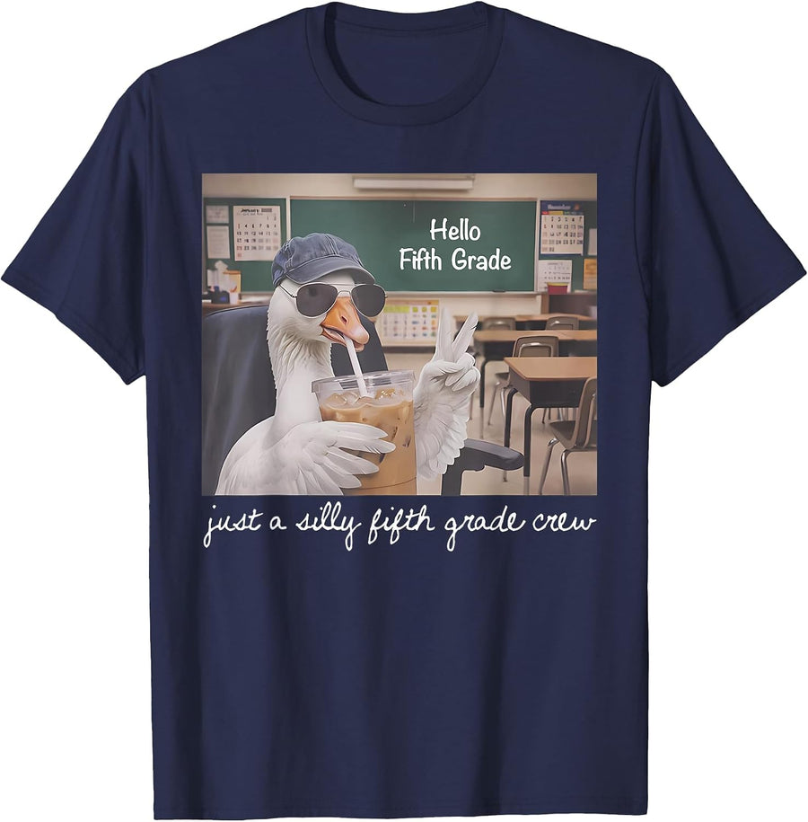 Hello Fifth Grade Silly Goose 5th Grade Teacher T-Shirt - Navy Blue
