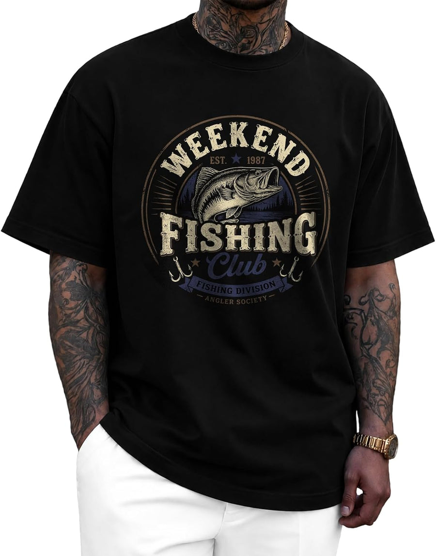 KUYIGO Men's Vintage Fishing Graphic T Shirt 100% Cotton Causal Tee - B1-black