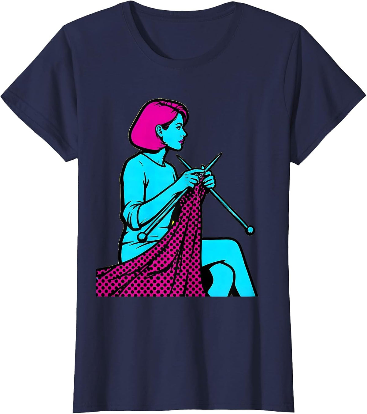 Women's Polka Dot Knitting Illustration Graphic Design T-Shirt - Navy Blue