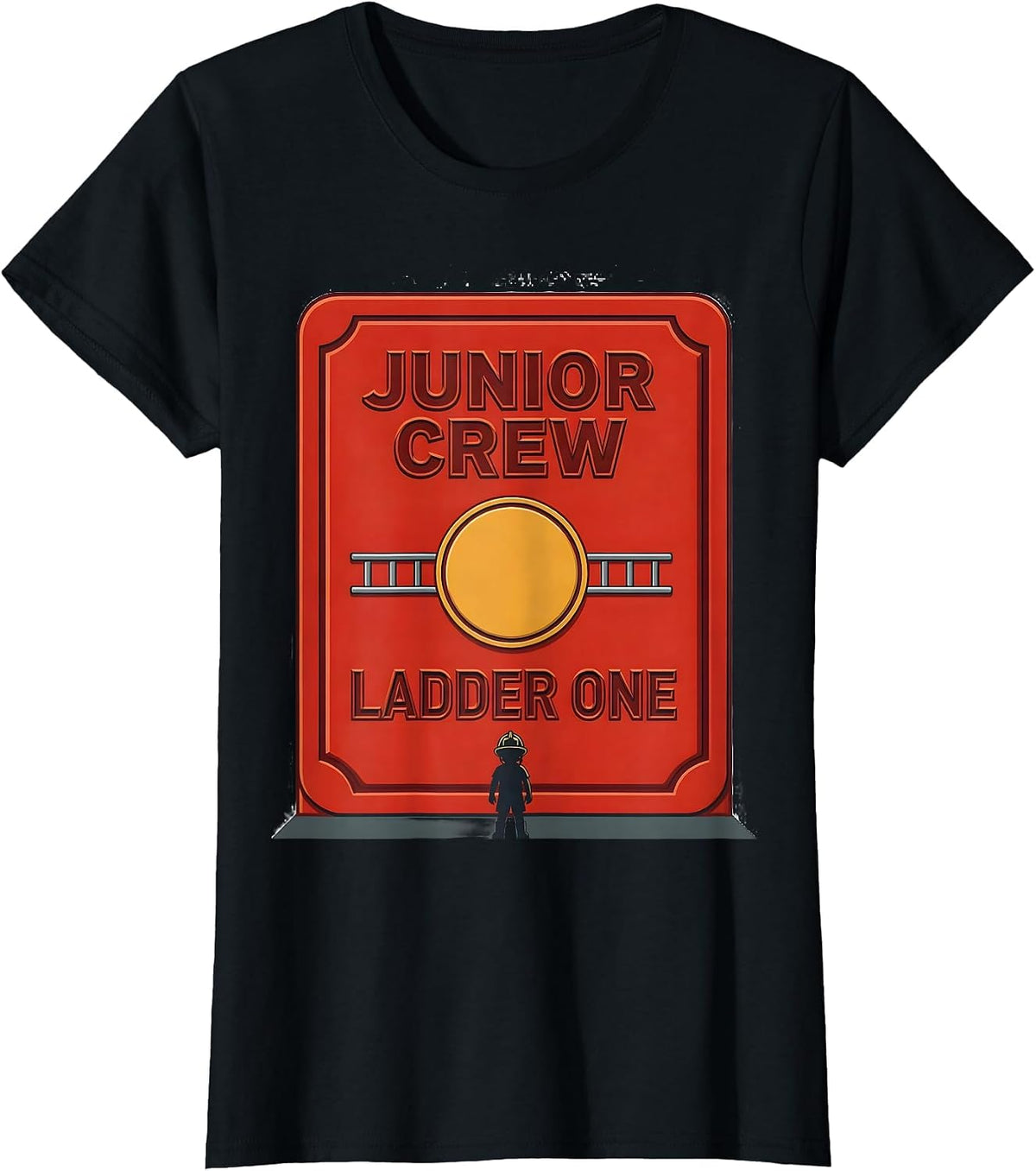 Women's Junior Crew Ladder One Flat Fire Truck Kids Firefighter T-Shirt - Black
