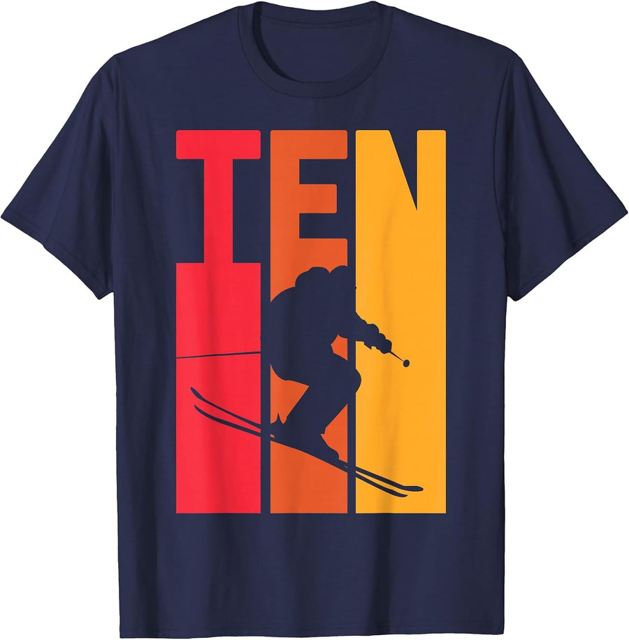 10th Birthday Boys Retro Ski Skier Fan 10 Years Old T-Shirt - Navy Blue