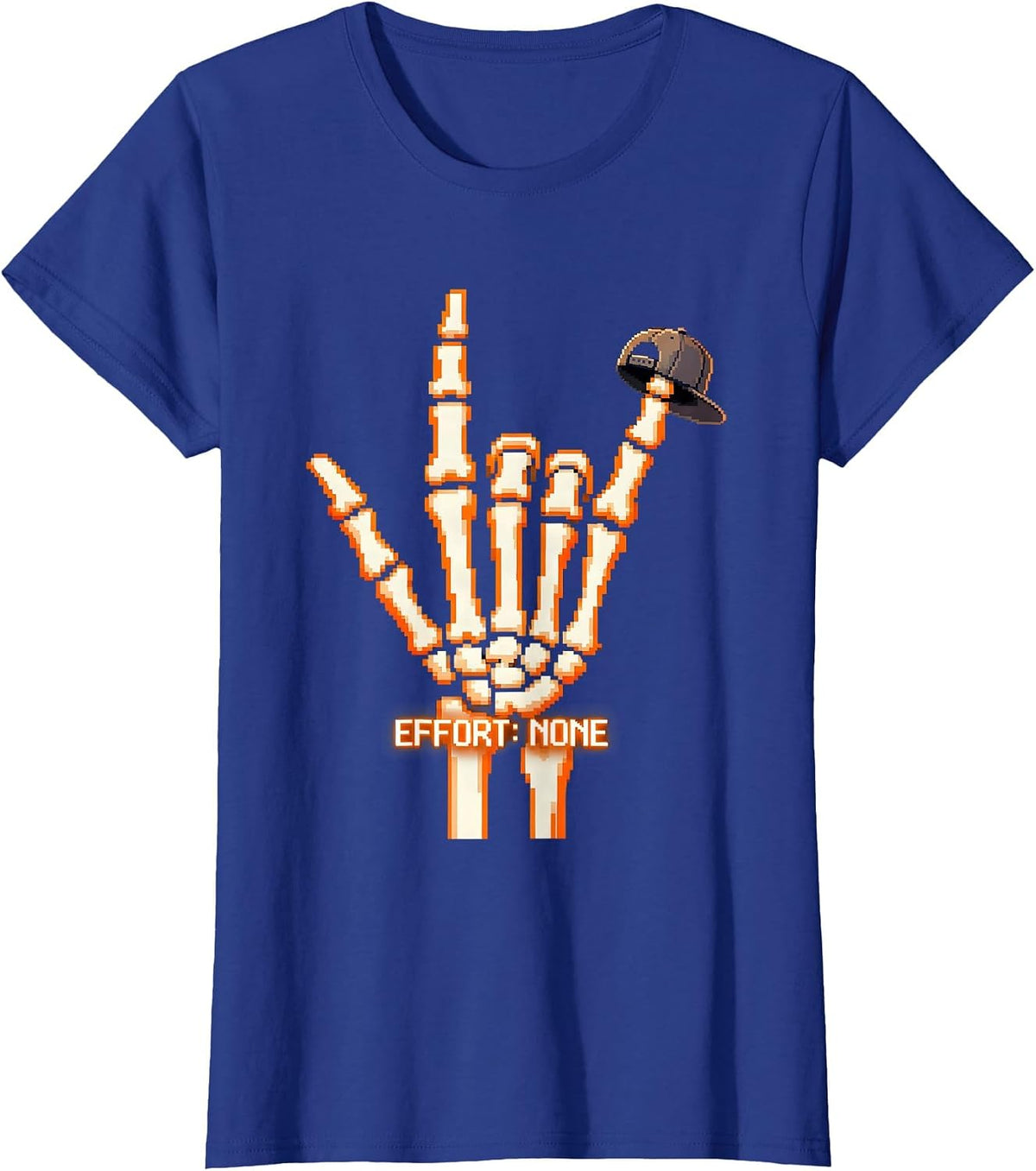 Women's Effort: None Pixel Art Skeleton Rock On Halloween Humor T-Shirt - Royal Blue
