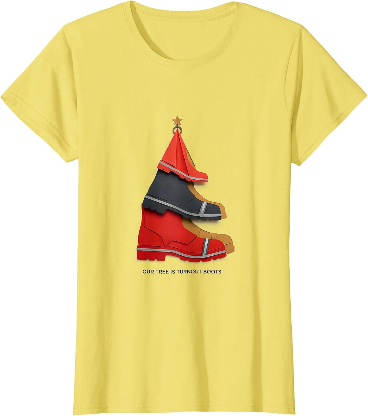 Our Tree Is Turnout Boots Funny Firefighter Tribute T-Shirt - Lemon Yellow