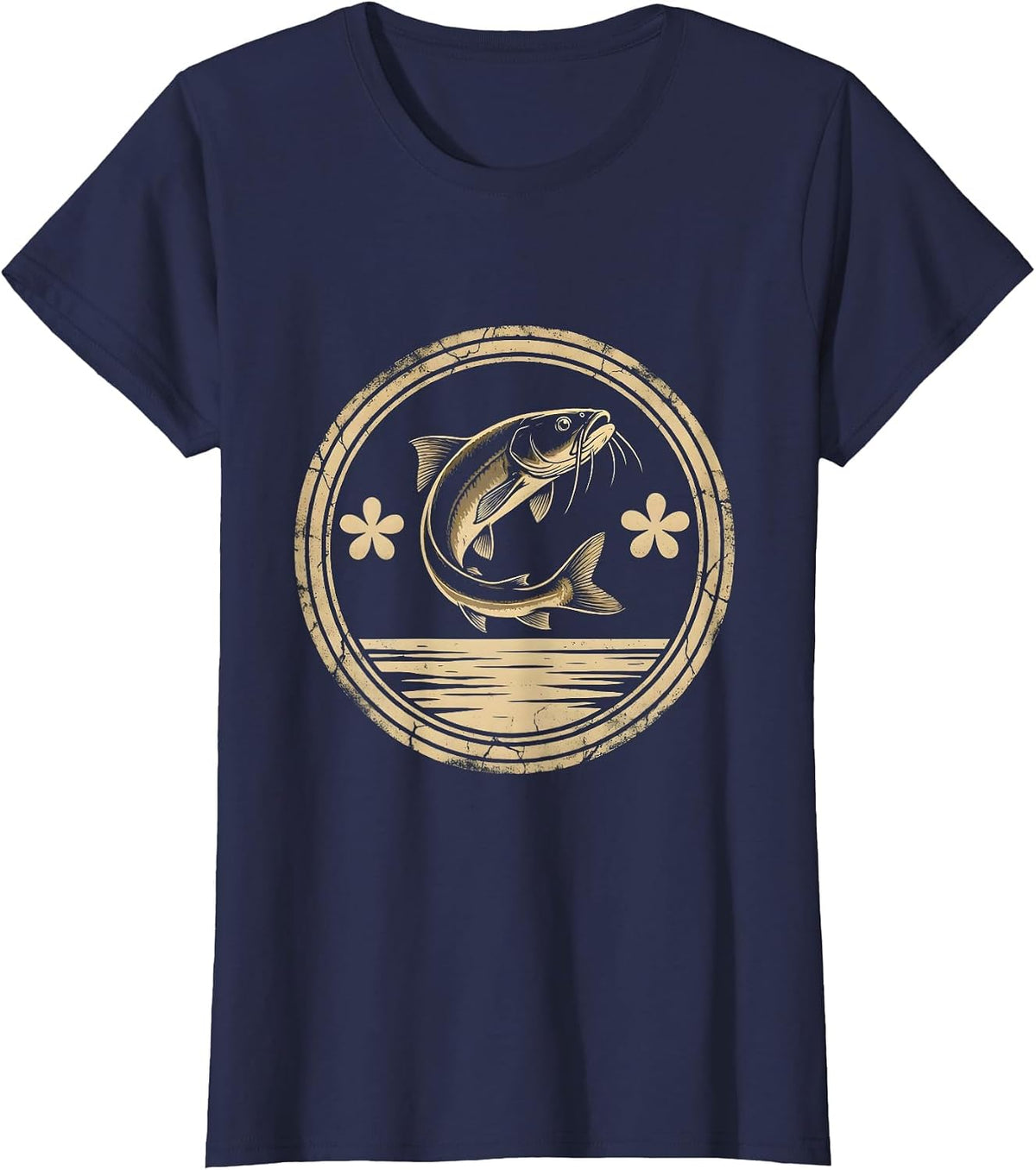 Women's Texas Catfish Leaping at Dusk Illustration T-Shirt - Navy Blue