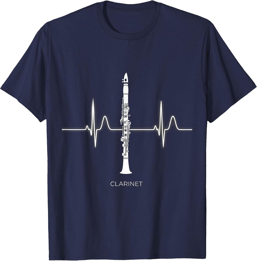 Clarinet Heartbeat EKG Pulse Hobbyist Icon T-Shirt - Navy Blue