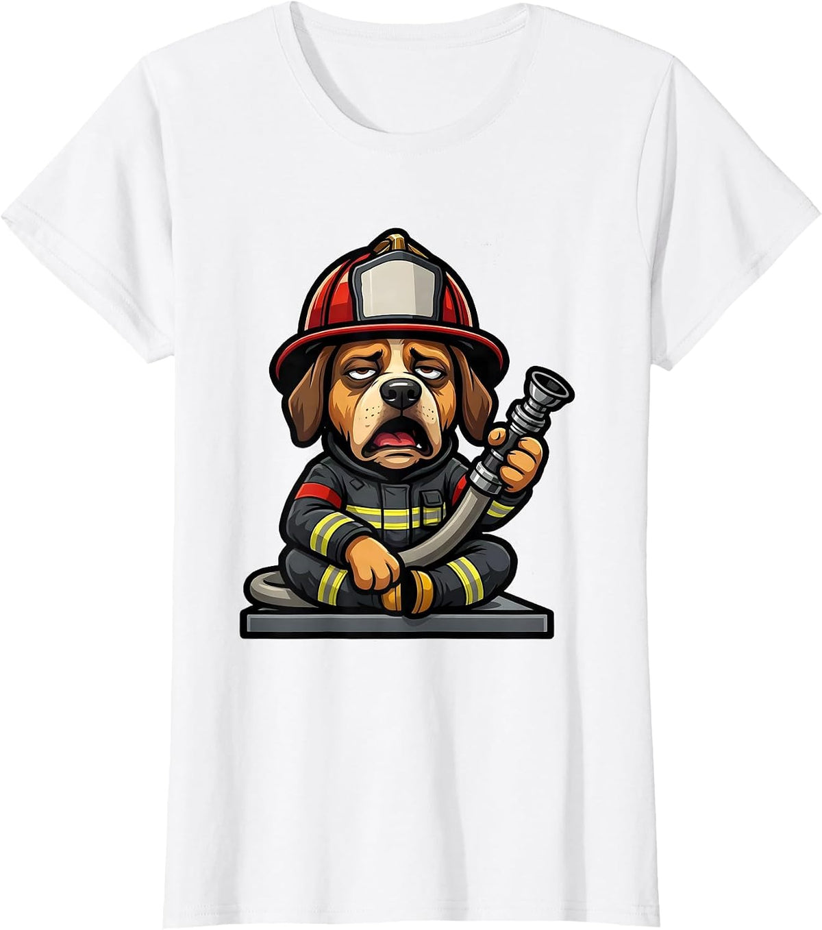 Yawning Firefighter Mascot Helmet Logo Family Humor T-Shirt - White