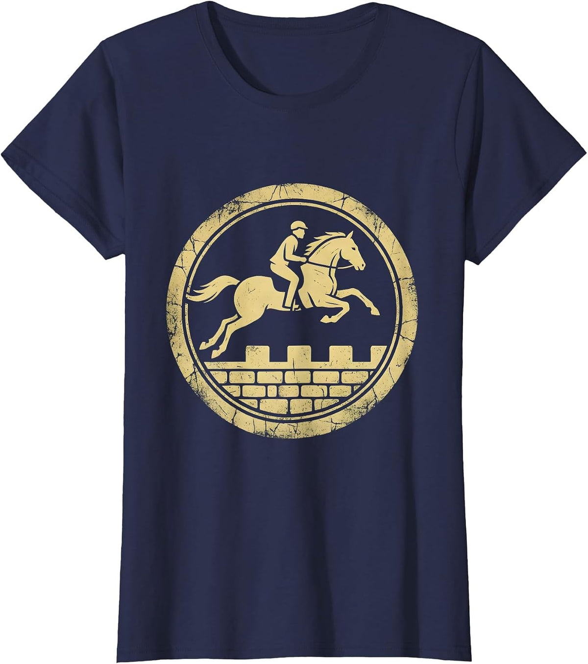 Women's Horse and Rider Leaping Over Stone Wall T-Shirt - Navy Blue